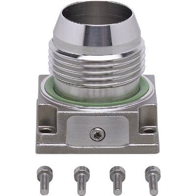 A silver, metallic machine component with a green rubber ring at the base and a square mounting plate with a screw hole.