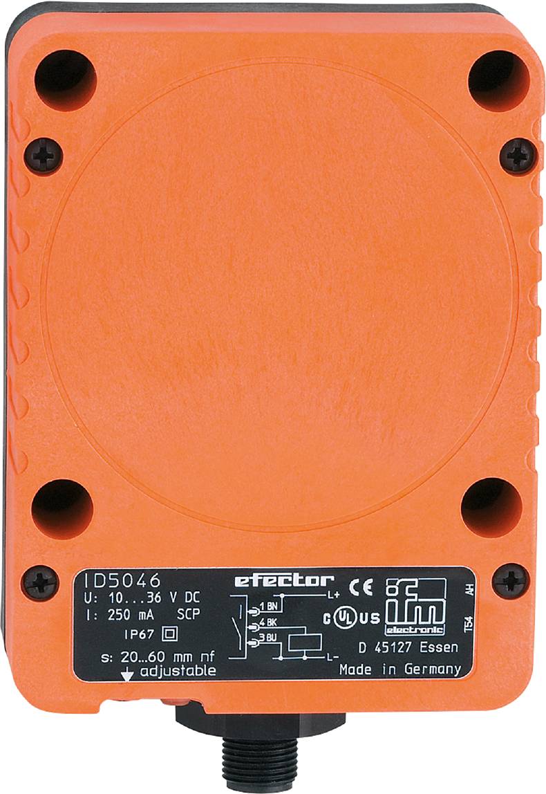 Orange electronic device by ifm with technical specifications: IP 67, 10-36 V DC, 250 mA. Manufactured in Germany.