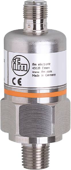 Close-up of a metallic cylindrical sensor with logo and inscription 'ifm electronic, 45128 Essen, Made in Germany'.