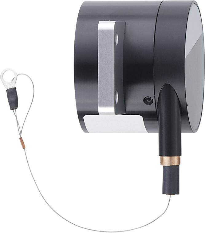 A black, cylindrical security mechanism with cable and lock, against a light background.