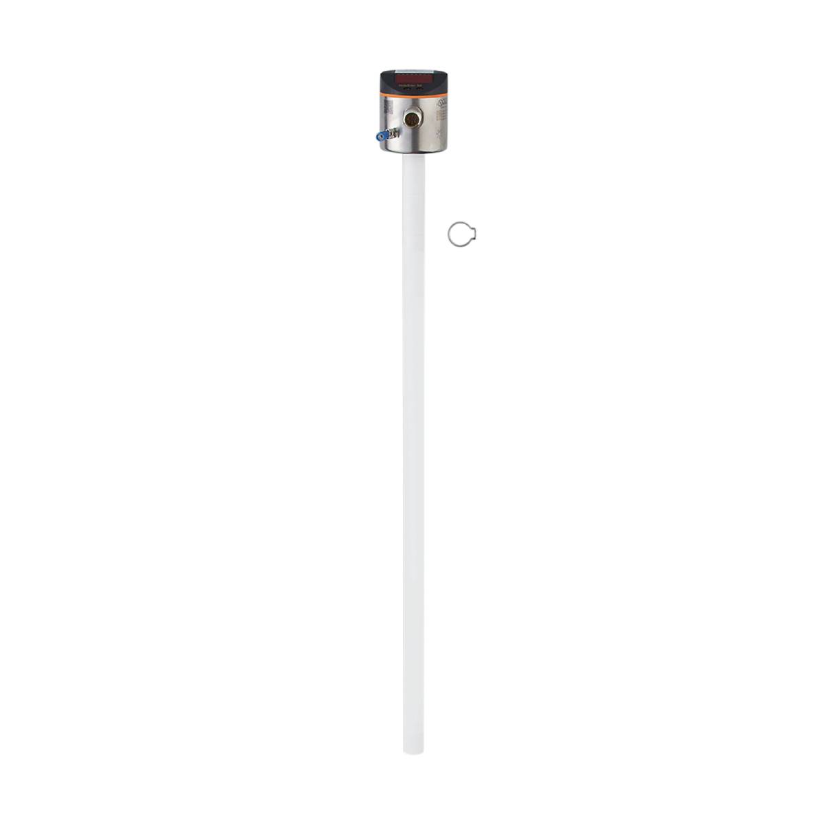 Small silver device attached to a long white pole, against a black background.