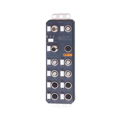 A black electronic module with multiple round connectors for industrial applications against a black background.