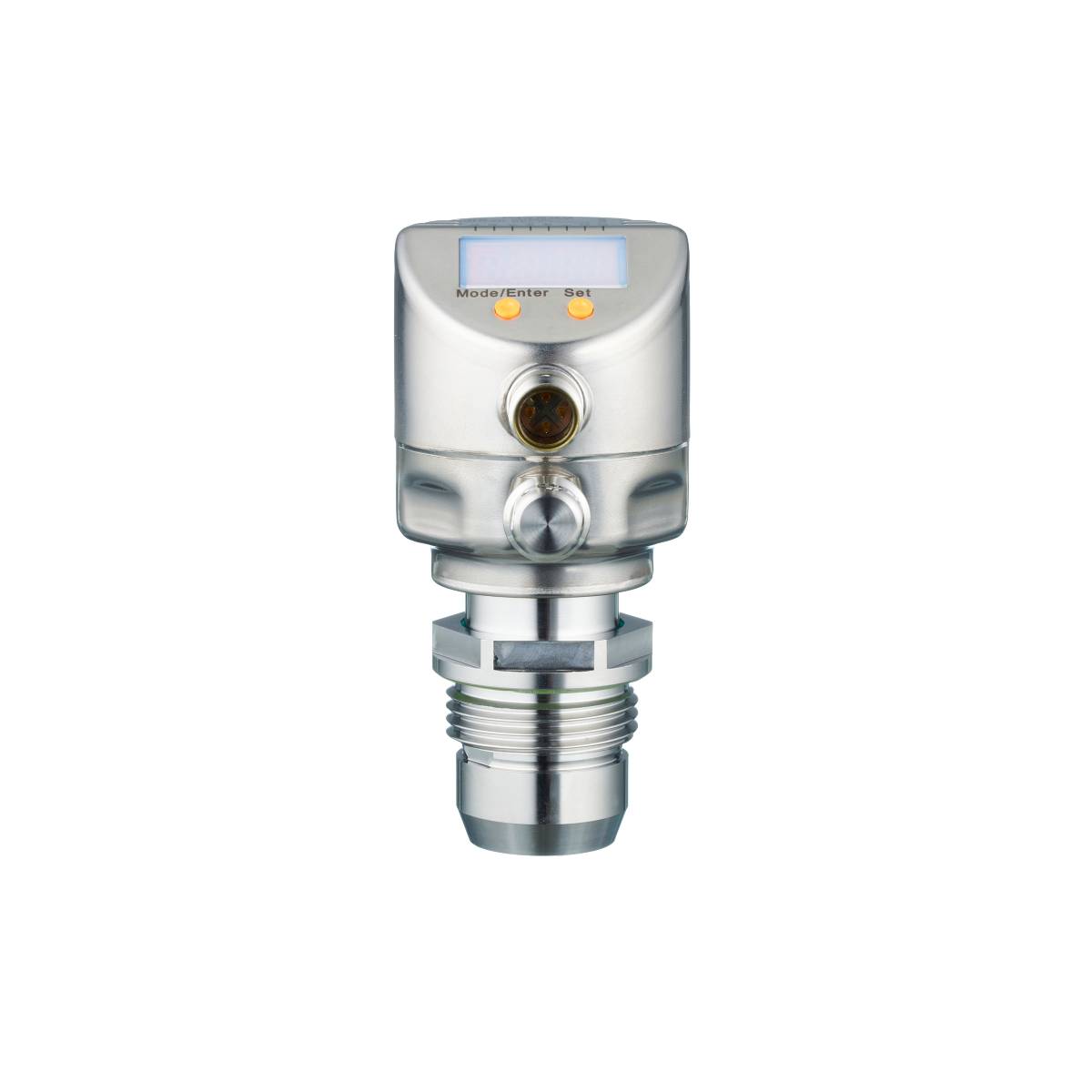 A silver electrical measuring instrument with a digital display and button, used for precise measurements in industrial applications.