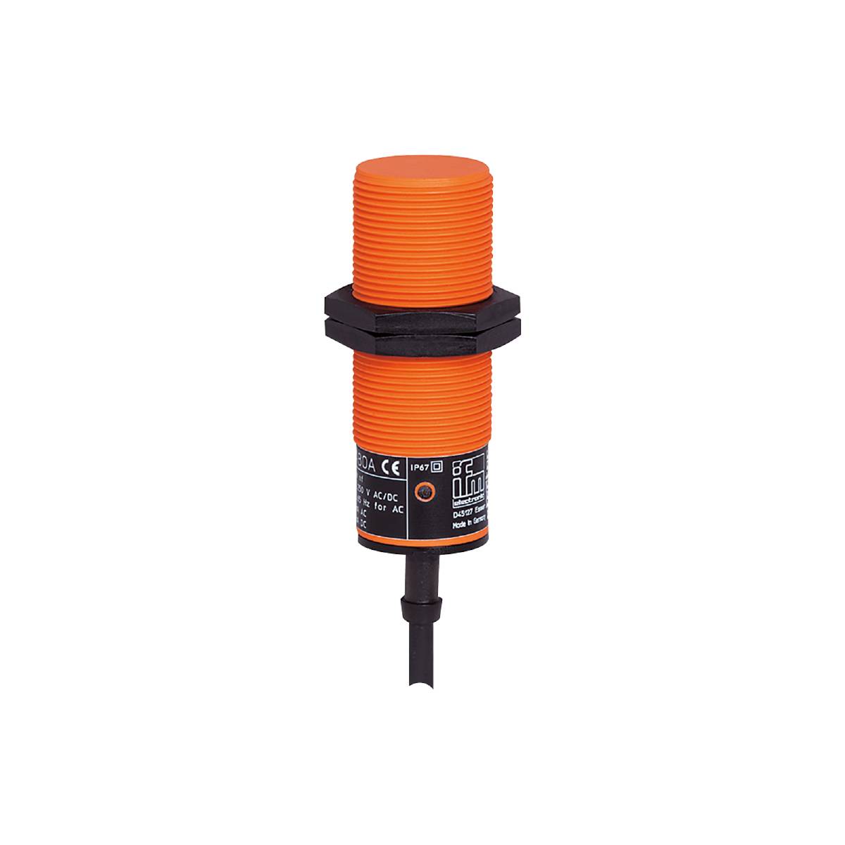 A cylindrical, orange proximity sensor with a black central section, marked with CE, IP67, and electrical specification symbols.