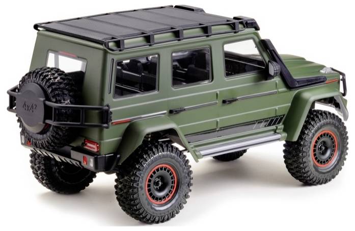 Toy off-road vehicle in olive green with a roof rack and spare wheel at the rear. Robustly designed, with chunky tyres.