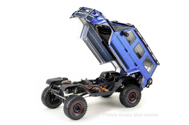 A blue model car with detailed suspension and an open bonnet reveals its technical internal structure.