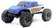 A remote-controlled model car with a blue bodywork, large off-road tyres, and graphics on the side, depicted on a white background.