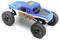 A blue and white remote-controlled monster truck with large tyres and the number '102'.<br><br>Note the British spelling of "tyres" instead of the American "tires", which is consistent with the request for British English translation.