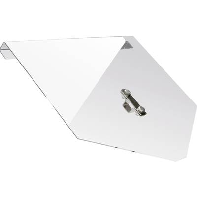 A transparent angular element with a gleaming fixing component in the centre, potentially for architectural applications.