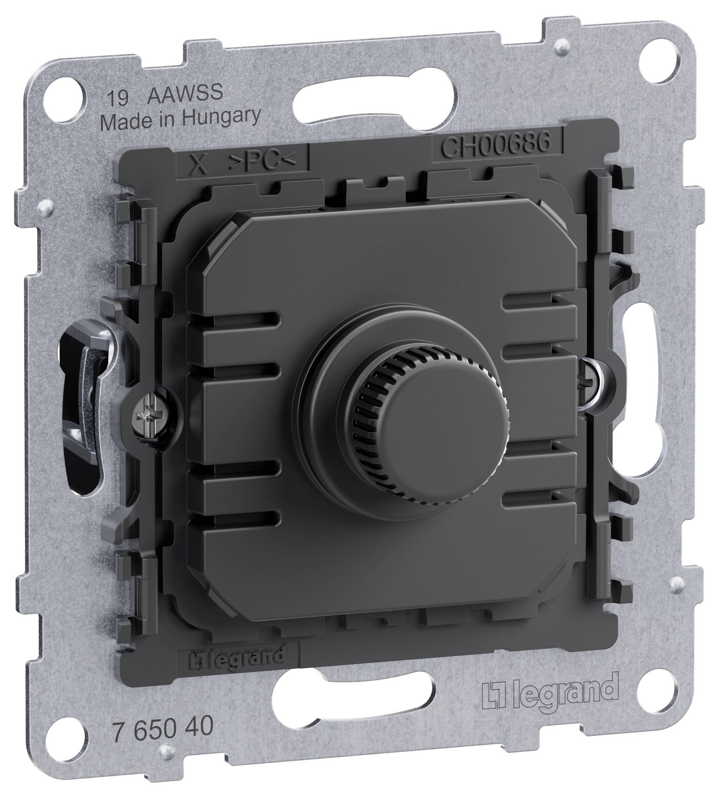 A grey light dimmer by Legrand, mounted on a metal plate, with a rotary knob in the centre. Markings indicate 'On-Off switch'.