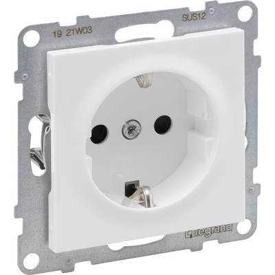 White Schuko socket by Legrand, built into a metal mounting, suitable for standard plugs in Europe.