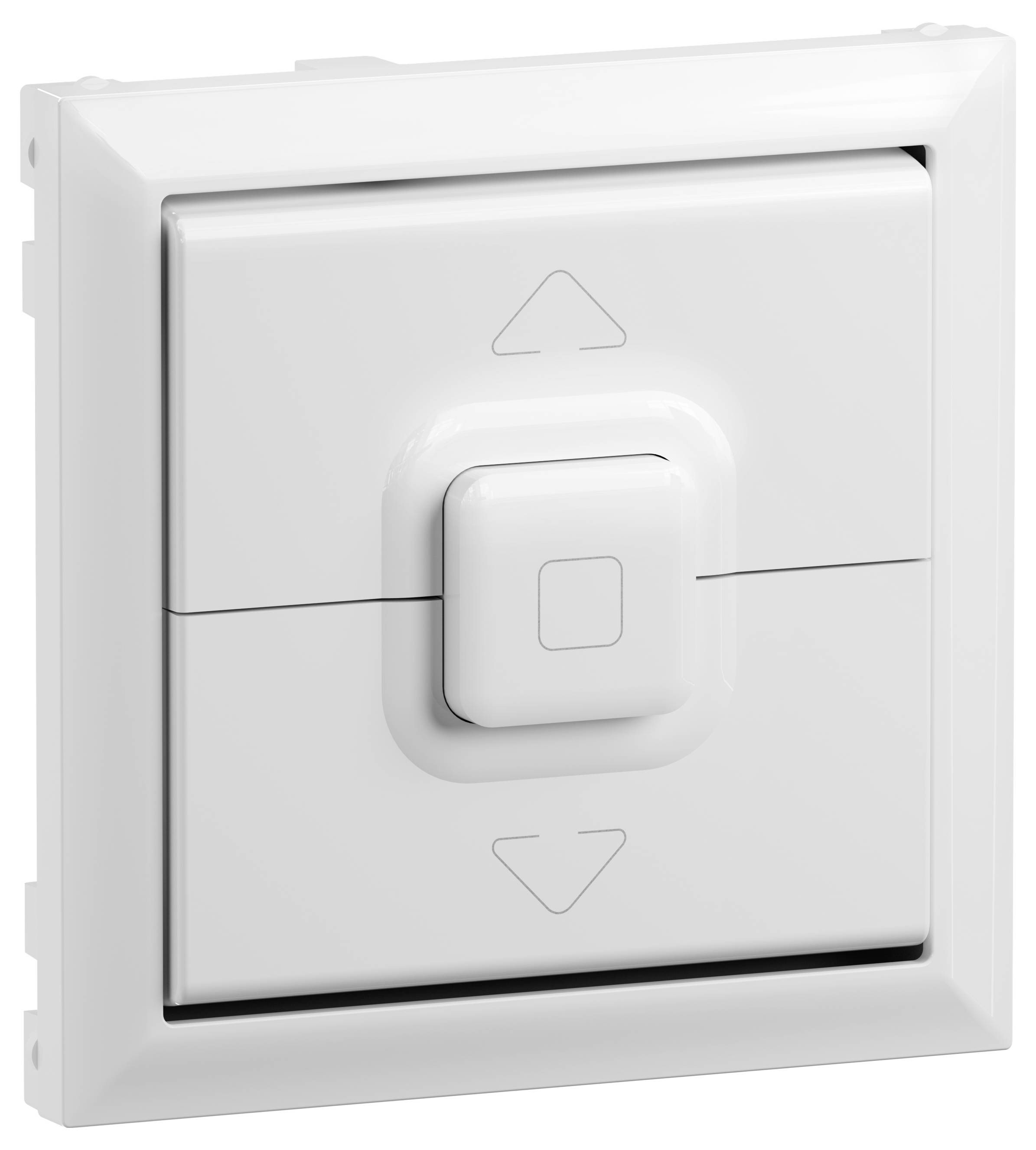White light switch with two large buttons and a small middle button. The upper and lower buttons have arrow symbols.