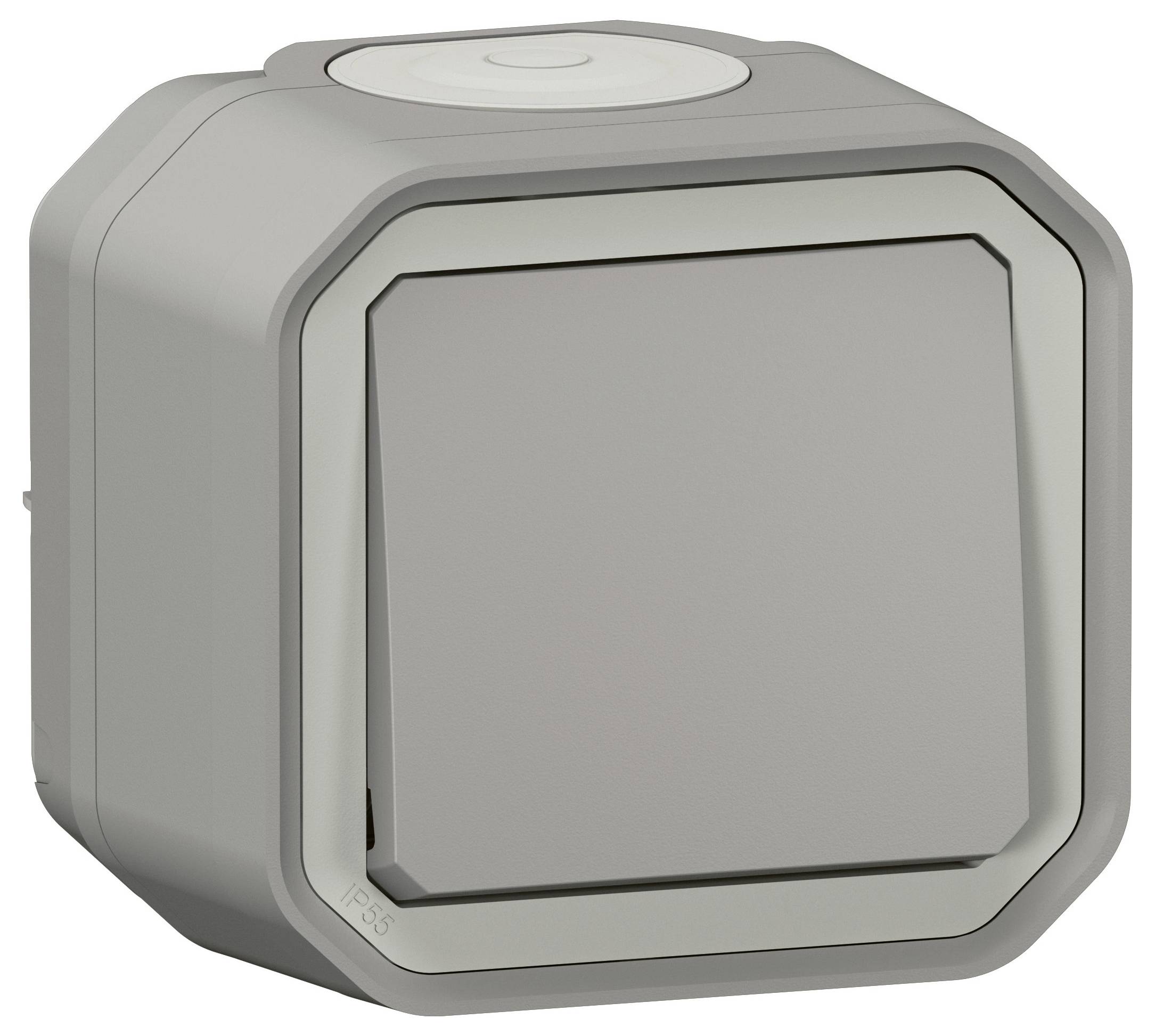 A square, grey outdoor light switch with IP55 protection rating, suitable for damp environments, forms the main subject.