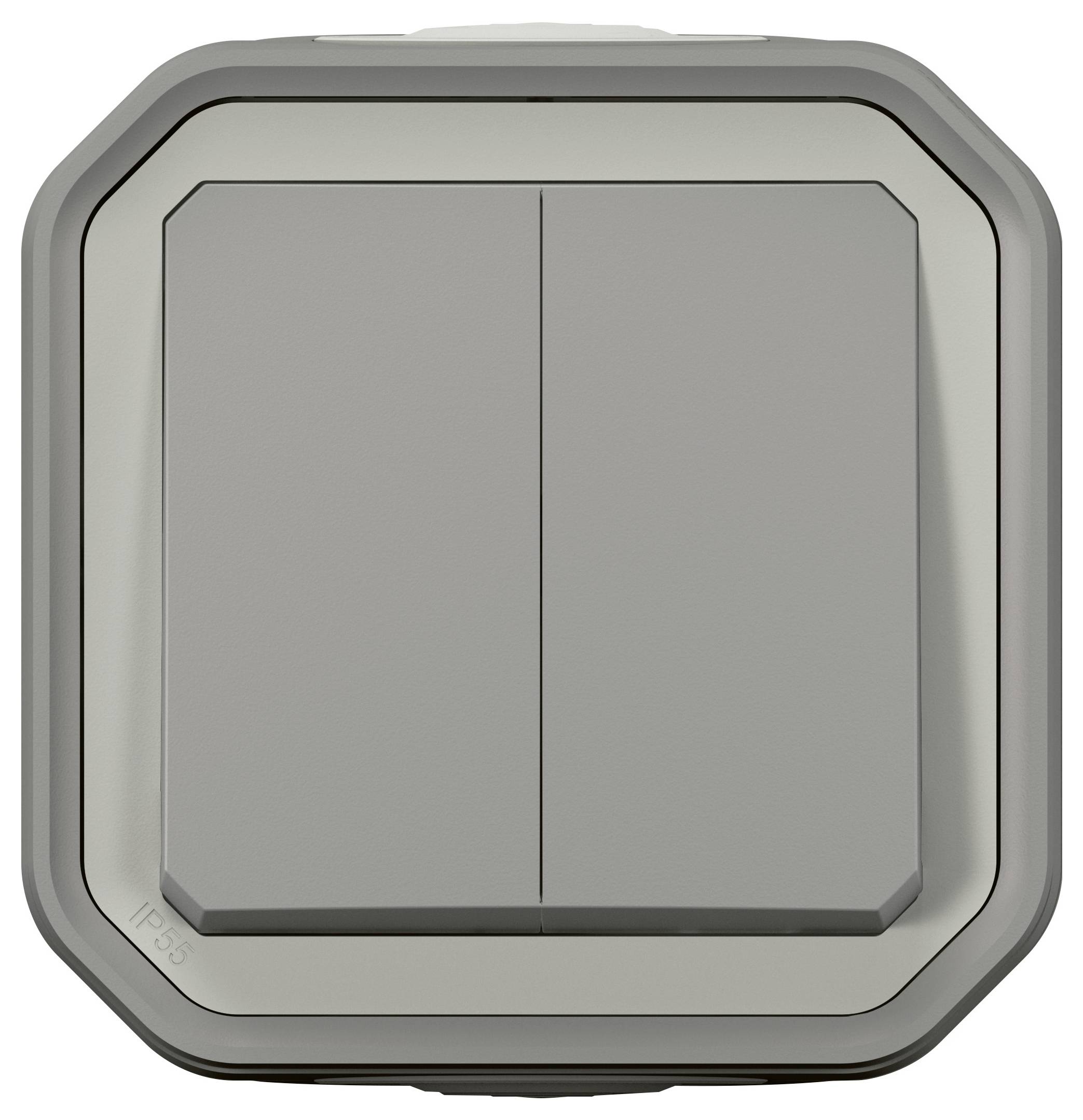 A double light switch in a grey plastic casing, suitable for outdoor use, IP55 protection rating.