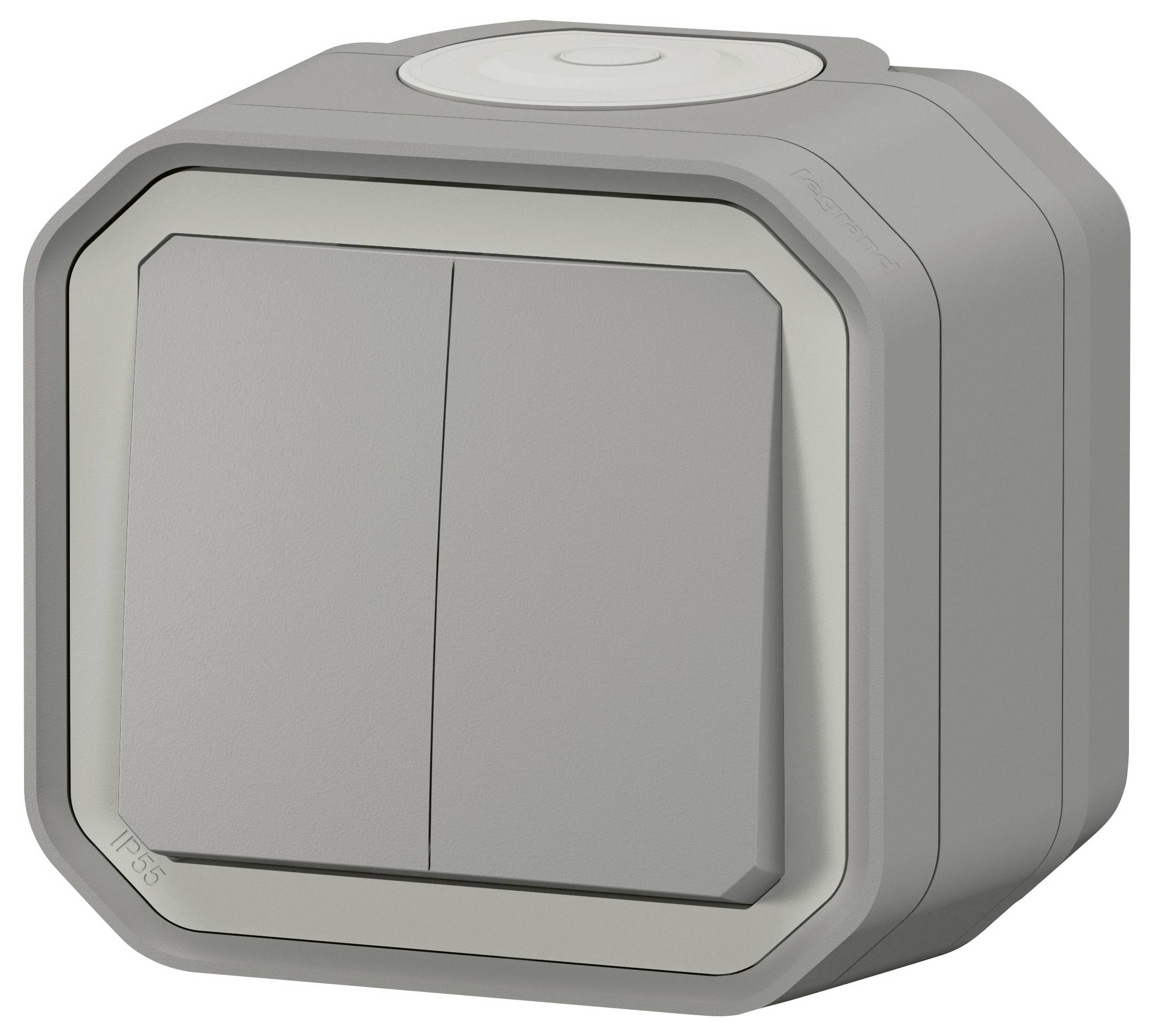 Waterproof grey double switch in a square shape, suitable for external mounting.
