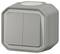 Waterproof grey double switch in a square shape, suitable for external mounting.