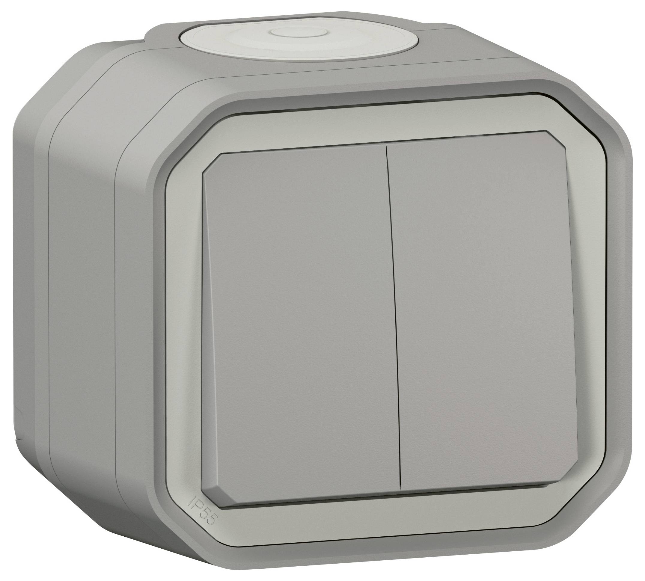 Grey, square rocker switch with two buttons, suitable for outdoor applications. Robust and waterproof design.