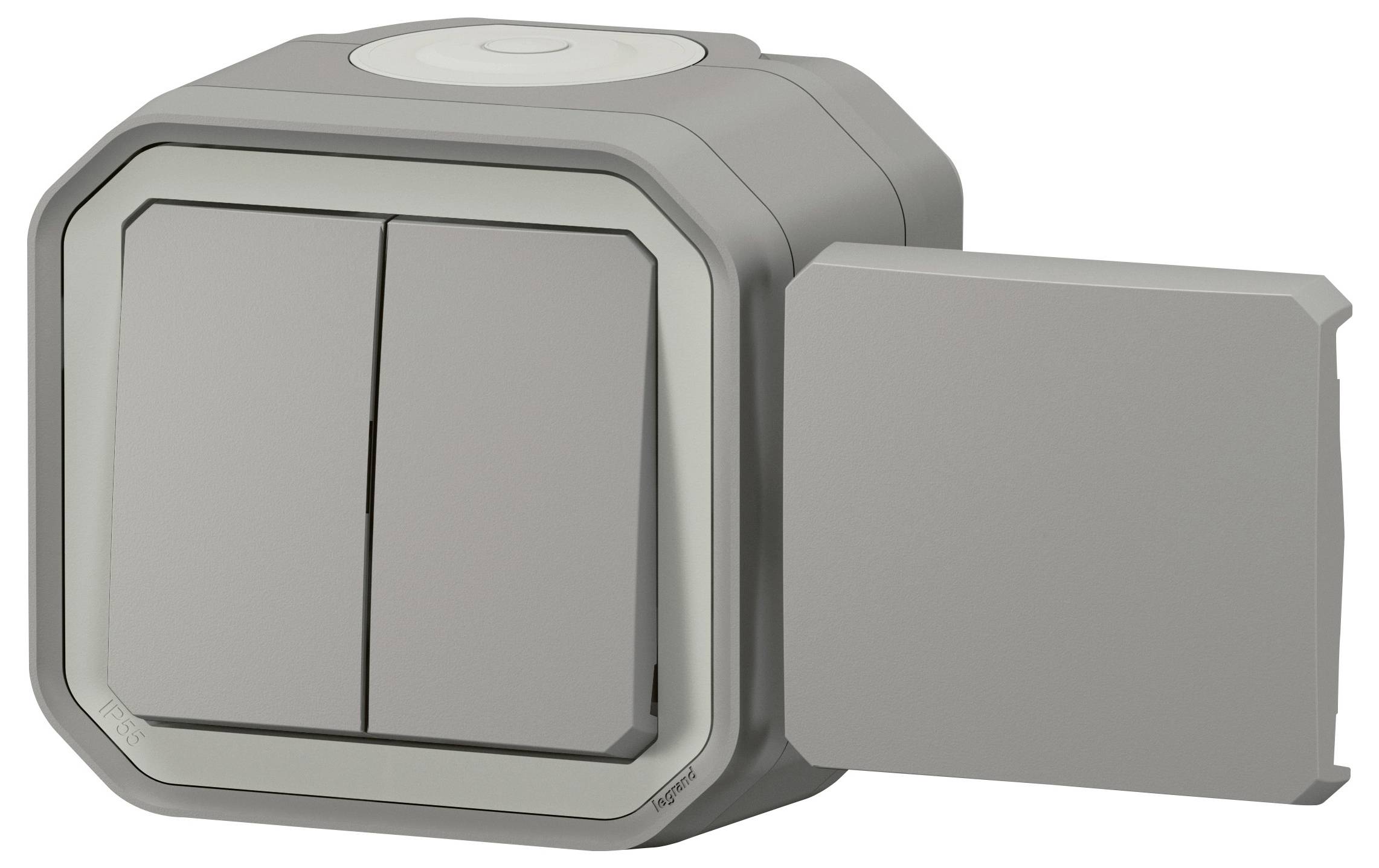 A grey, rectangular double light switch. One cover is partially open, revealing a smaller area to the right.