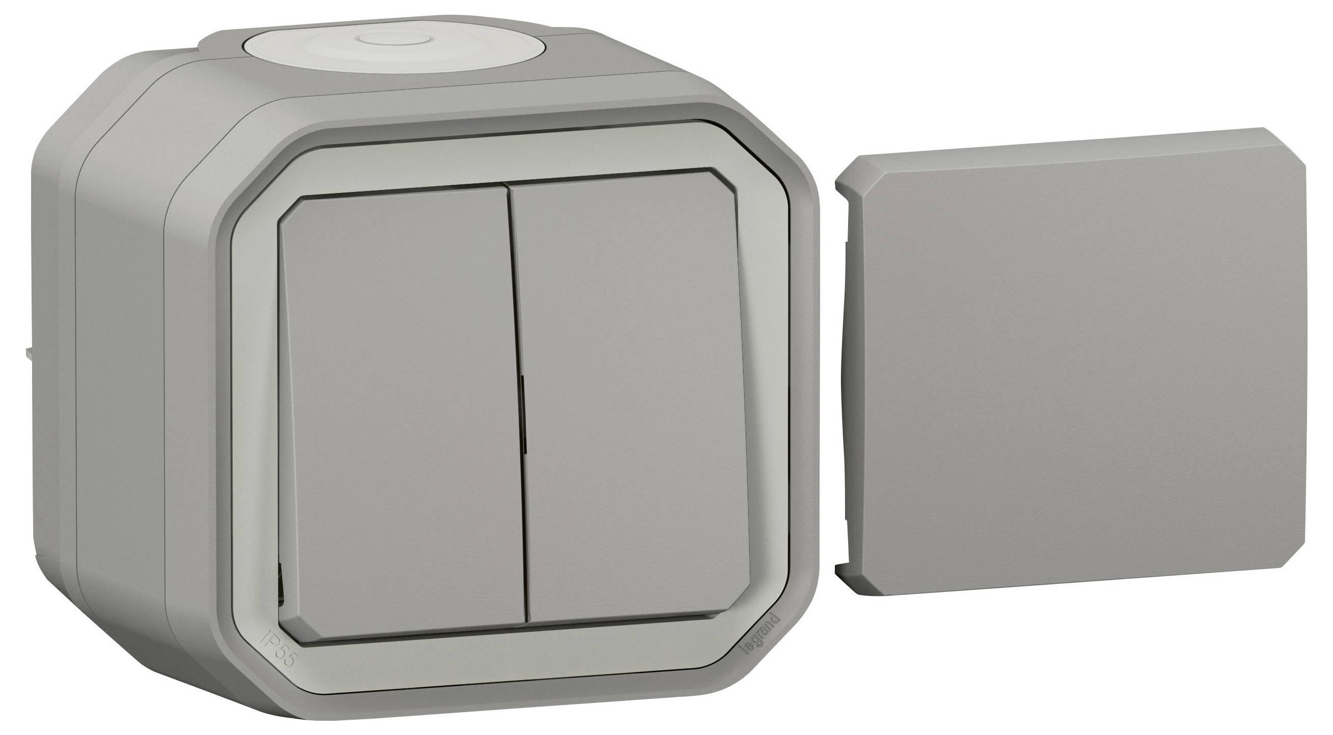 Double switch for controlling electrical devices, in a grey frame with a removable cover plate to the right beside it.