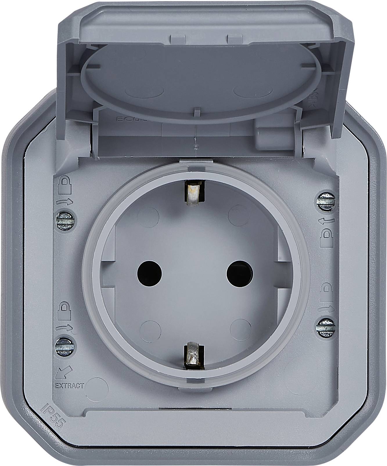 Grey, square protective socket with a hinged cover in the open position. Suitable for damp environments with IP55 protection rating.