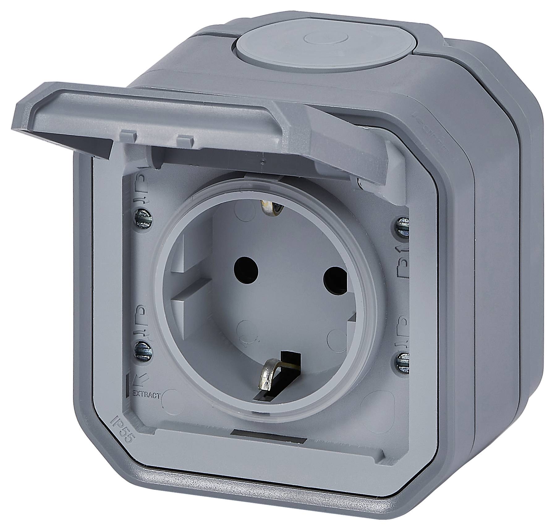 A grey, weatherproof socket with a cover, suitable for outdoor use.