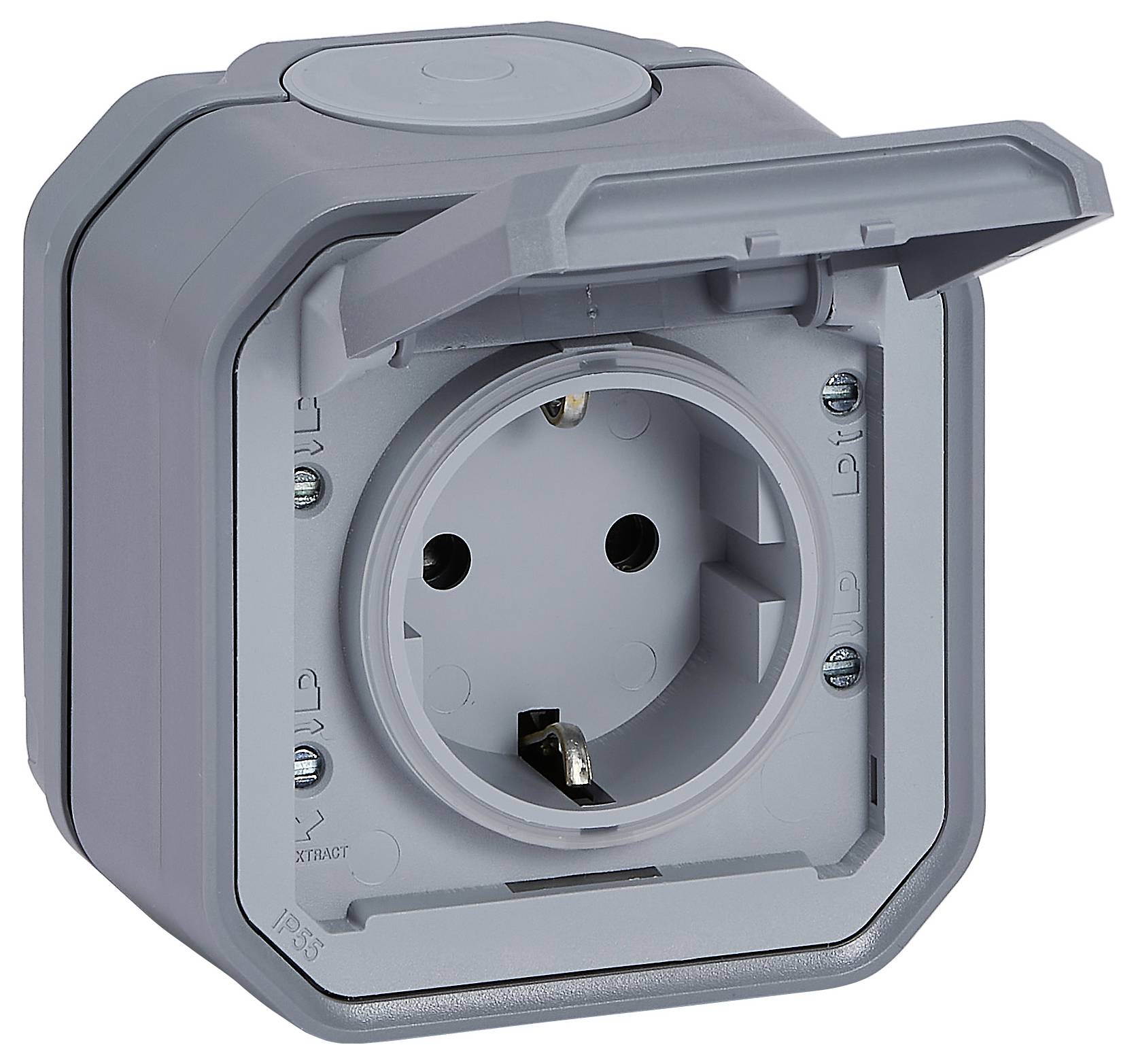 Grey external socket with hinged lid, IP54 protection rating, wall-mounted, suitable for damp environments.