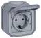 Grey external socket with hinged lid, IP54 protection rating, wall-mounted, suitable for damp environments.