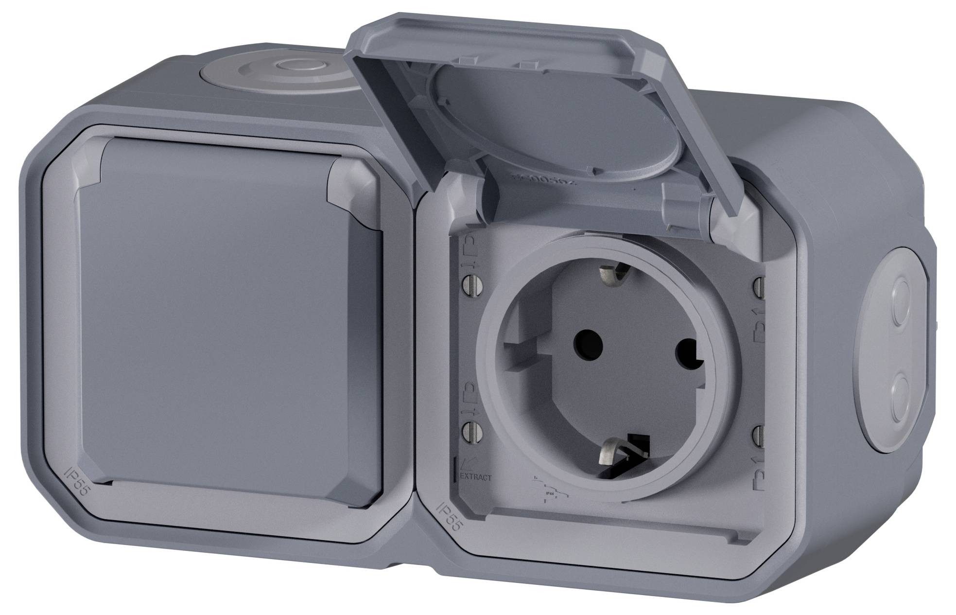 A grey, double external socket with a closed and an open cover, revealing the interior area.