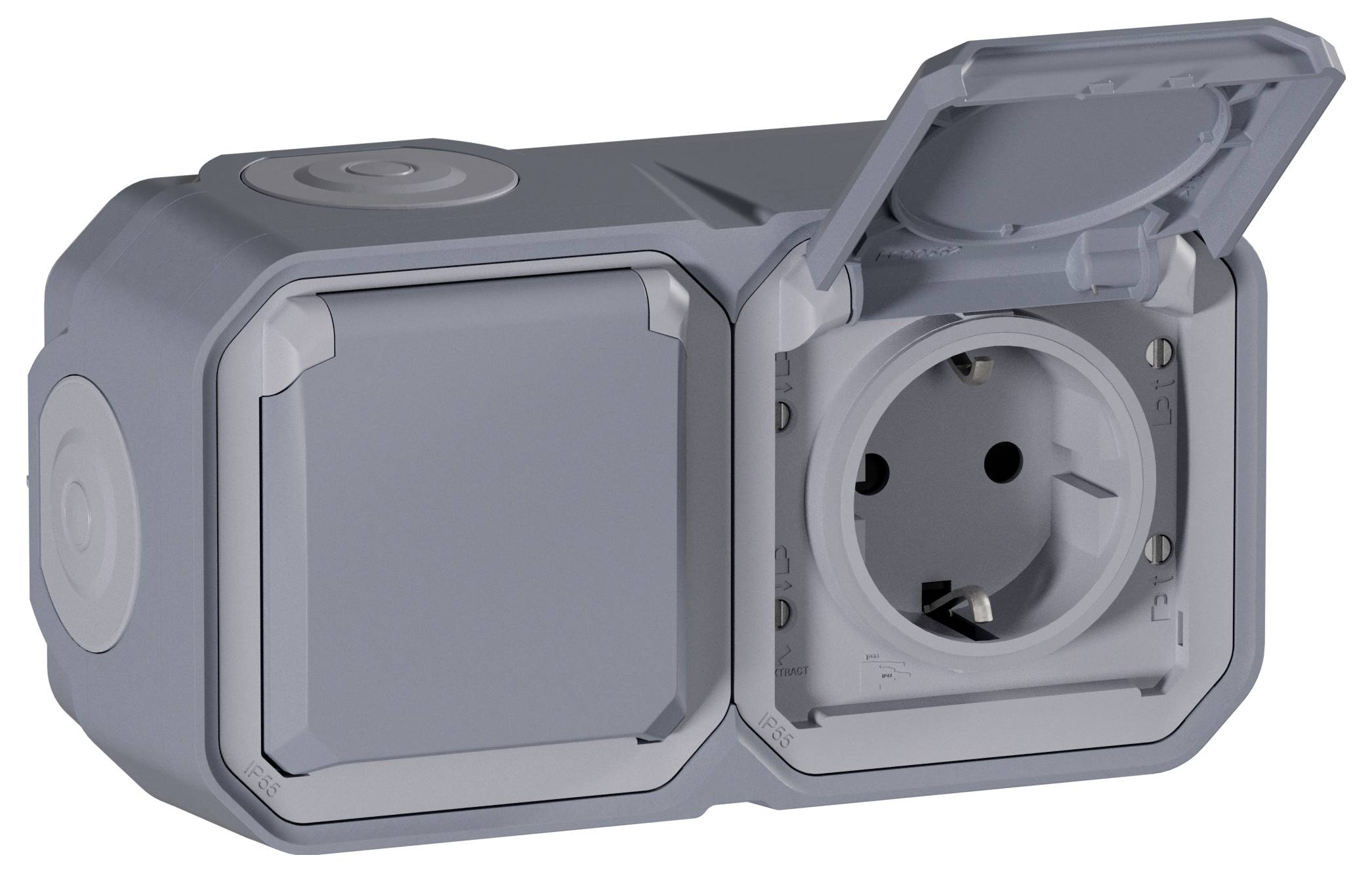 Grey, weatherproof double socket with the right-hand cover open, showing that a socket is accessible; left socket closed.