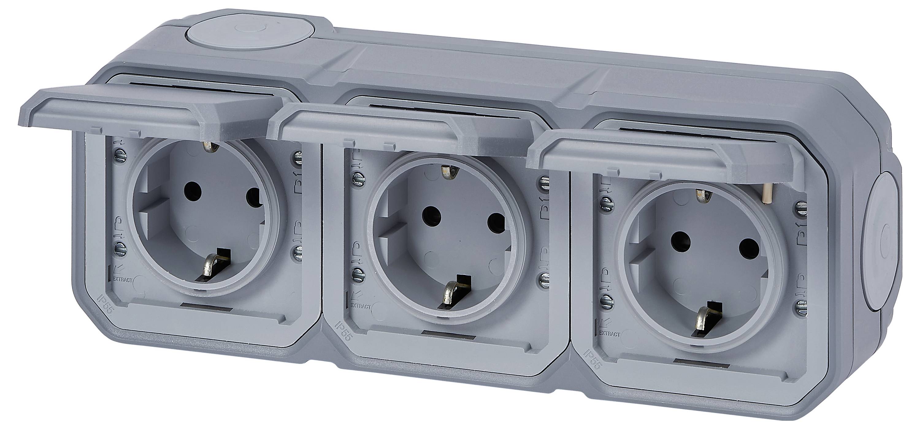 Triple socket in a grey housing with hinged covers, suitable for outdoor use or damp environments.