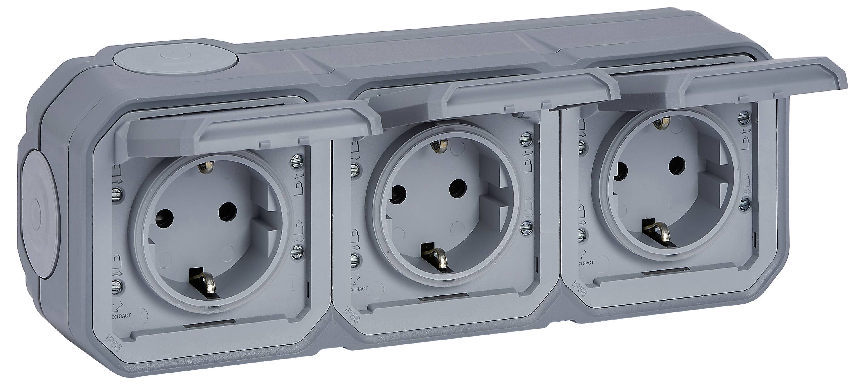 A grey, triple outdoor socket with removable covers for protection against weather conditions.