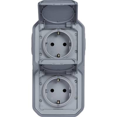'Two grey electrical sockets with covers open, mounted on a wall.'