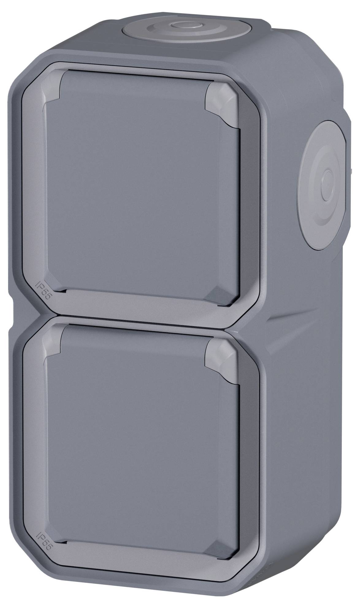 Double socket, weatherproof, in a rectangular grey housing. Suitable for outdoor areas.