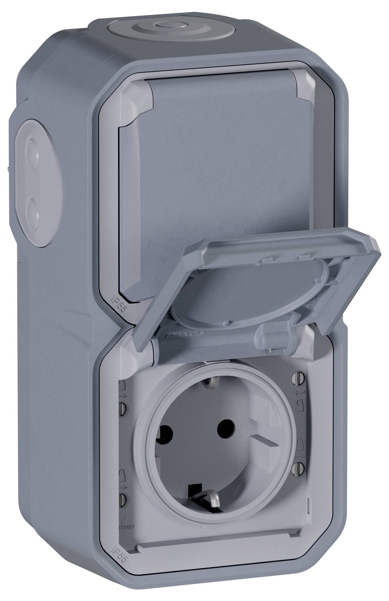External socket made of grey plastic, open, showing socket connection. Suitable for outdoor use and weatherproof.