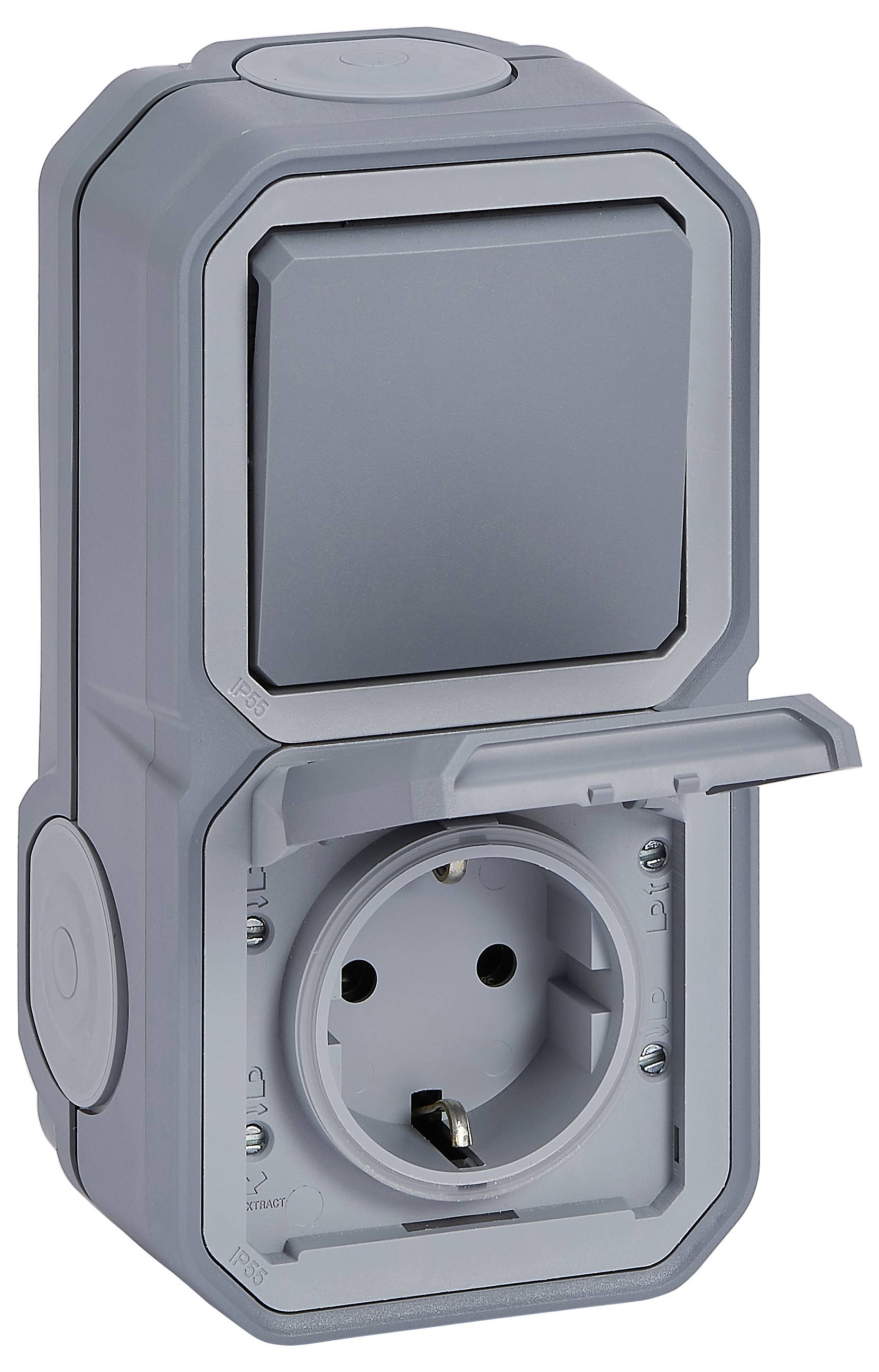 Grey, weatherproof outdoor socket with a protective cover and open flap, with plug connections visible.
