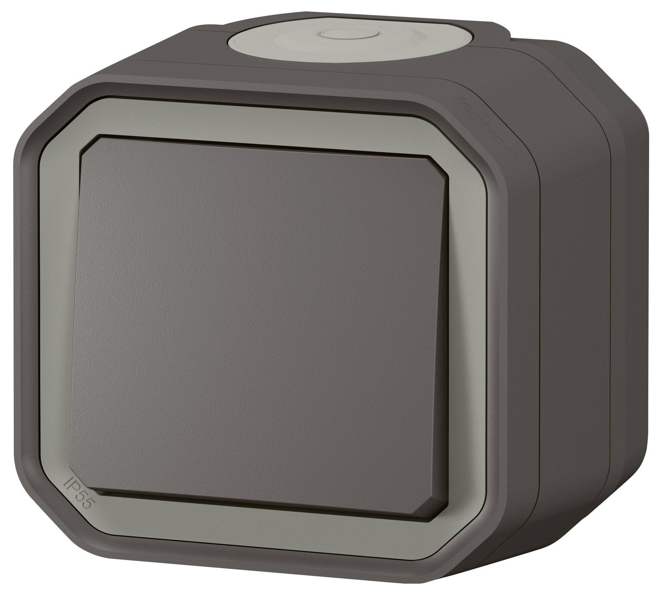 A grey, square light switch in a robust, weatherproof enclosure, suitable for outdoor use. IP35 protection class.