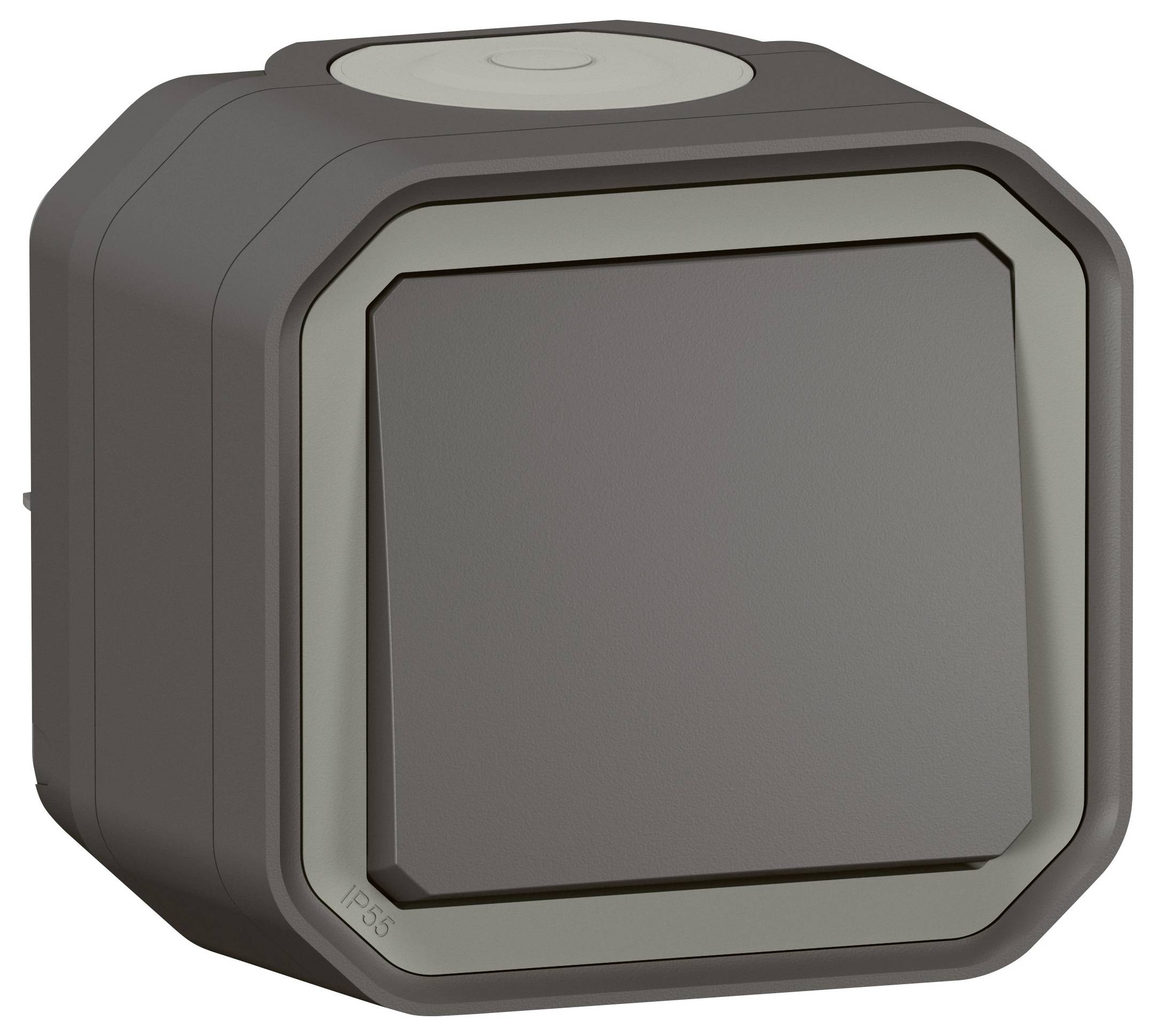 A square, dark grey light switch in an outdoor housing. Upper section with a rounded corner.