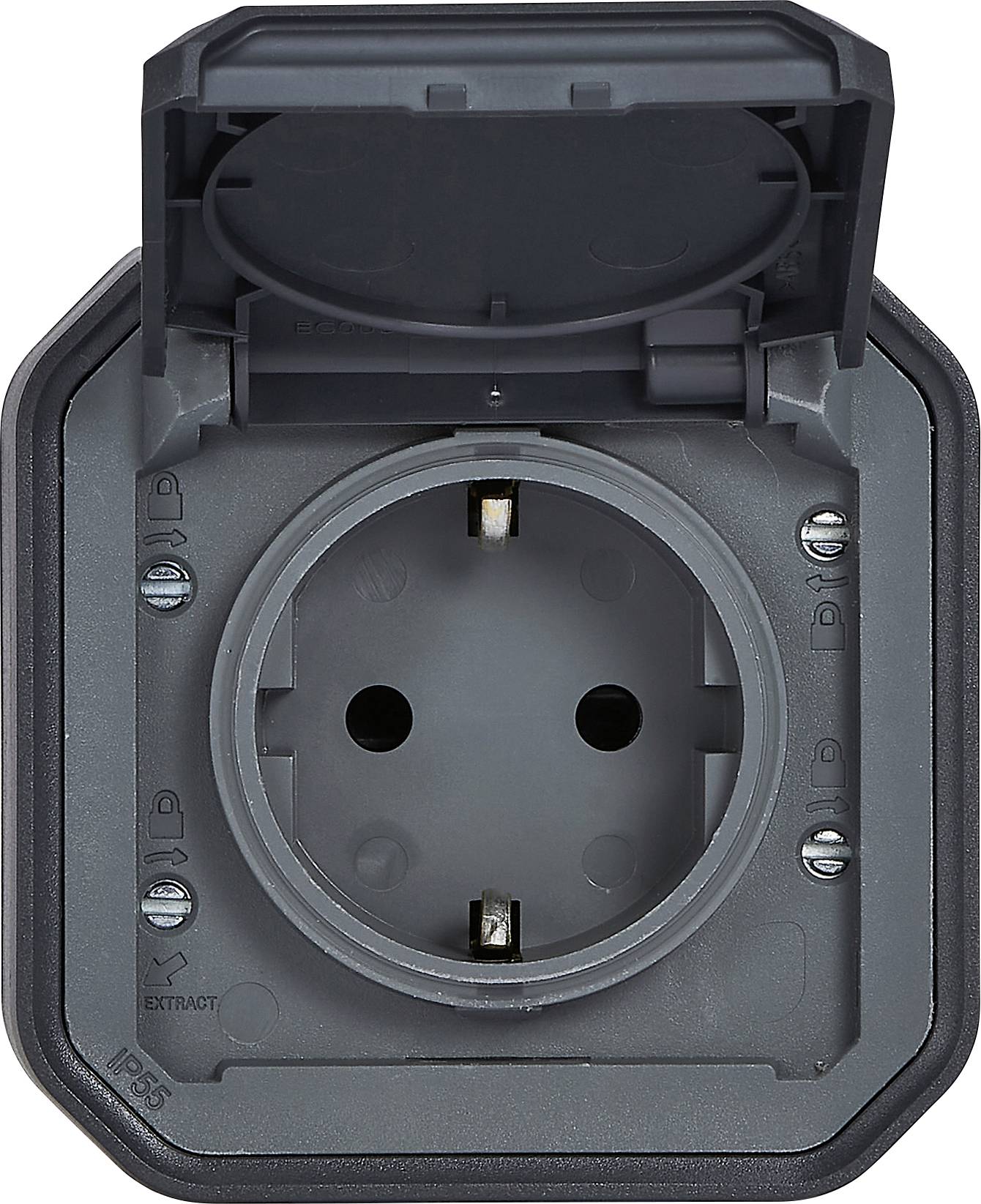 The image shows an open, weatherproof socket with a cover in a wall-mounted configuration. It is suitable for outdoor use.