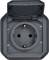 The image shows an open, weatherproof socket with a cover in a wall-mounted configuration. It is suitable for outdoor use.