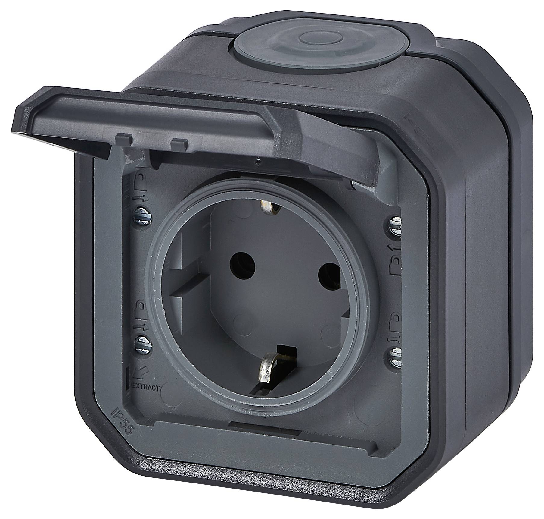 Socket with protective cover, suitable for outdoor use, weatherproof design.