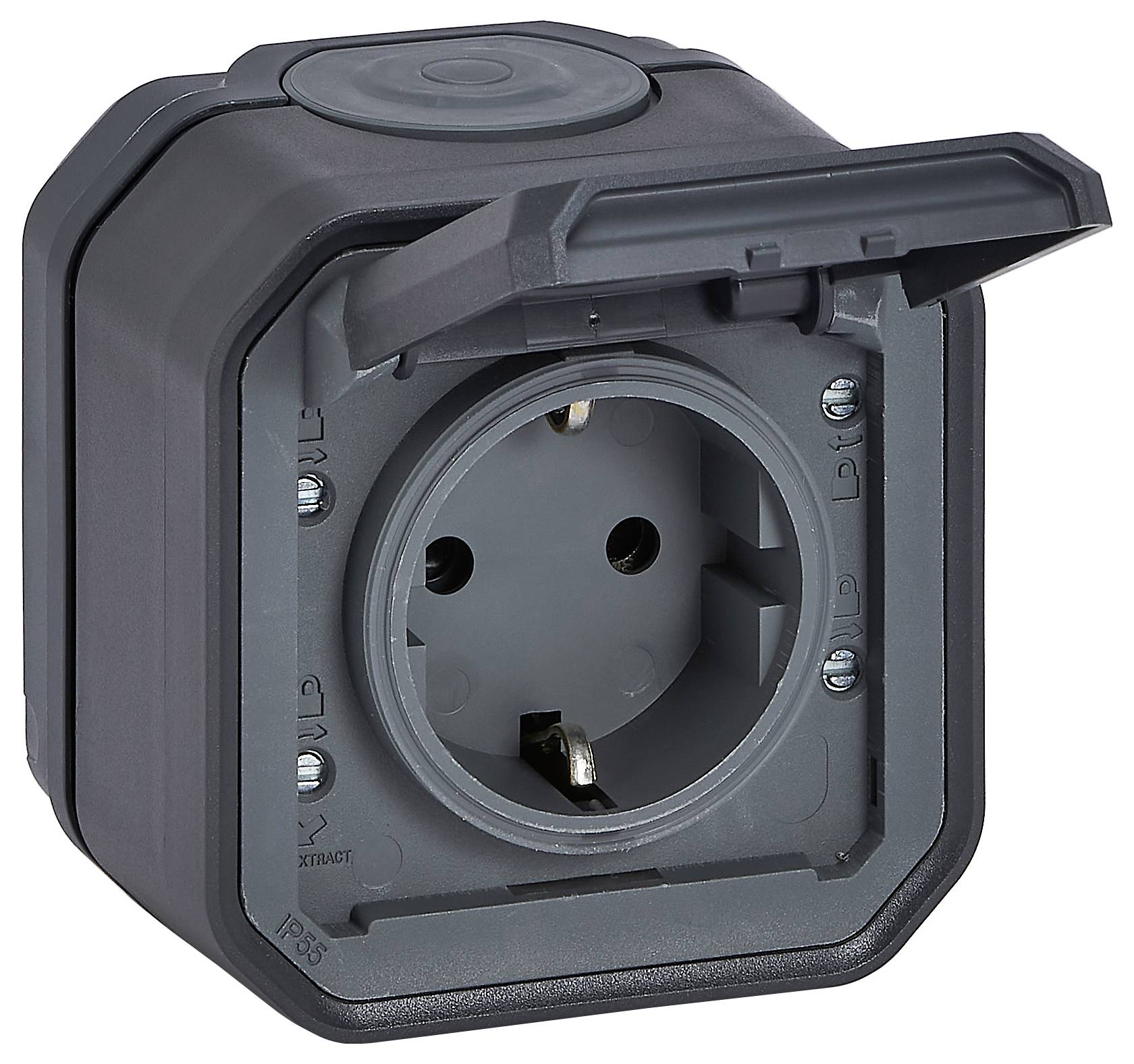 A black external socket with a hinged protective cover. Suitable for outdoor use, protects against moisture and dust.