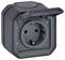 A black external socket with a hinged protective cover. Suitable for outdoor use, protects against moisture and dust.