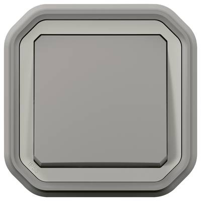 A grey square light switch with rounded corners; IP55 protection rating, suitable for use in damp environments.