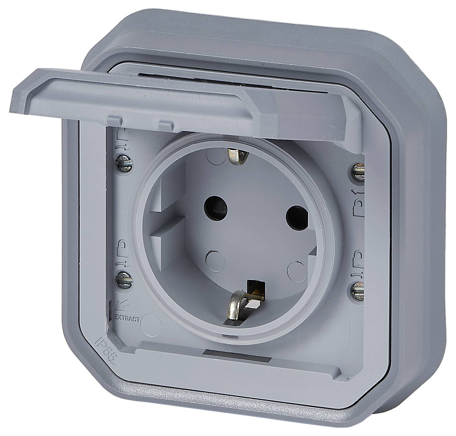 A grey protective earth socket with a hinged cover, suitable for outdoor areas, open, showing connection details.