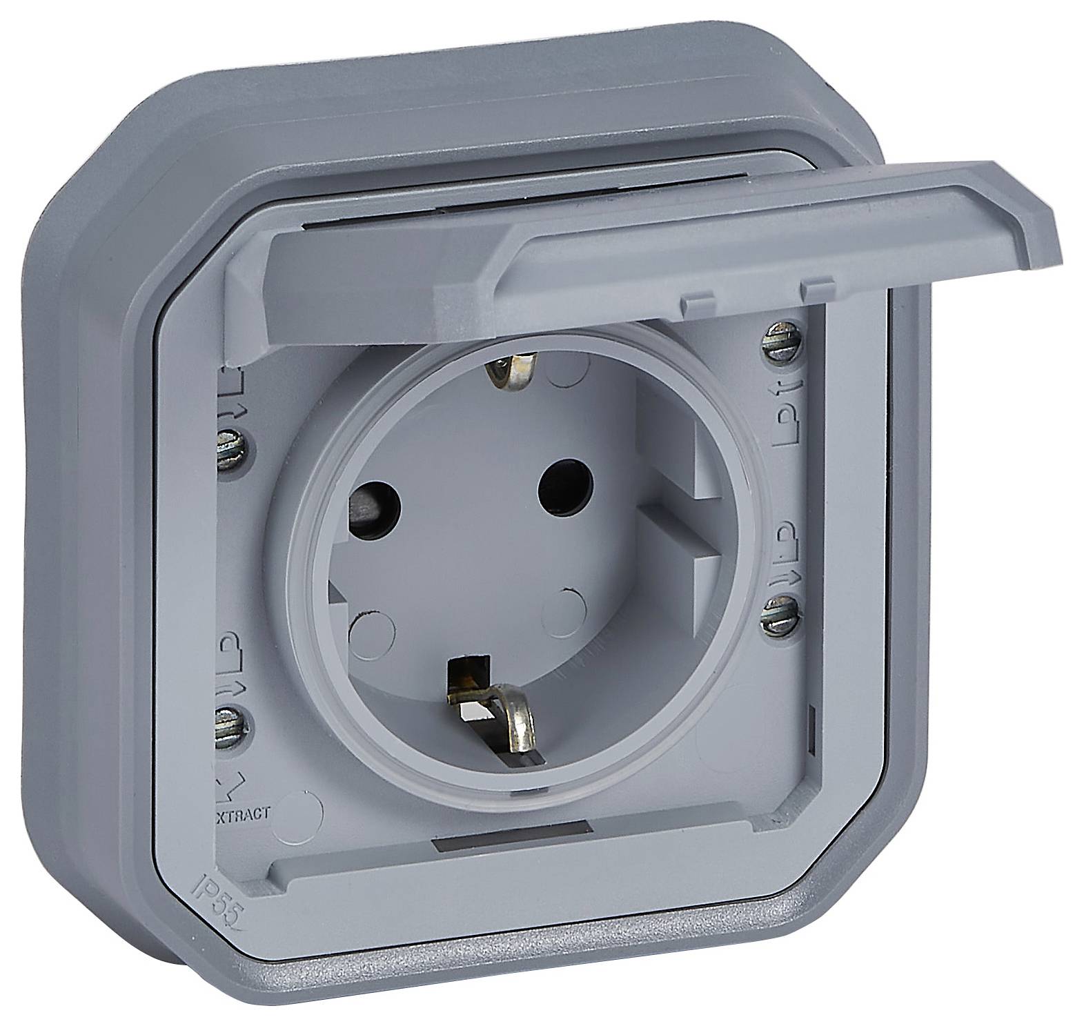 A grey, weatherproof socket with a hinged lid, suitable for outdoor use, protection rating IP55. Ideal for secure power supply outdoors.