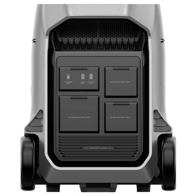 Grey, portable device with two large wheels. Four rectangular ports at the front: USB, AC and two for additional batteries; suitable for mobile power supply.