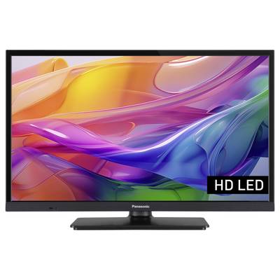 A flat-screen television with a luminous HD LED screen displays colourful, abstract shapes. Brand name visible at the bottom.