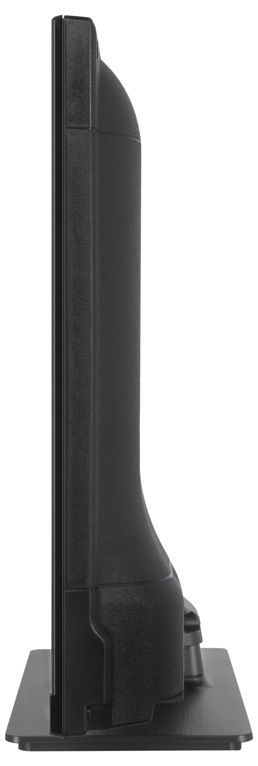 Side view of a slim, black flat screen monitor with a rectangular base on a surface.