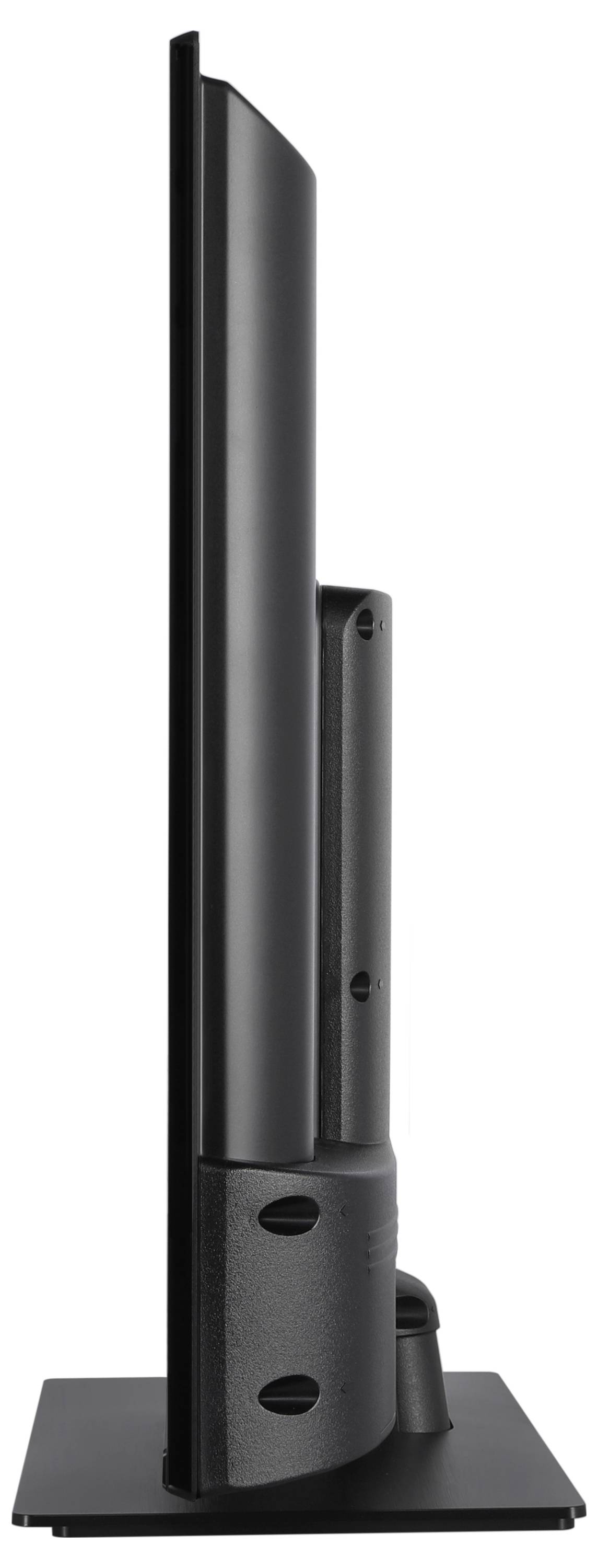 Flat screen viewed from the side with a slim, dark frame mounted on a rectangular base.