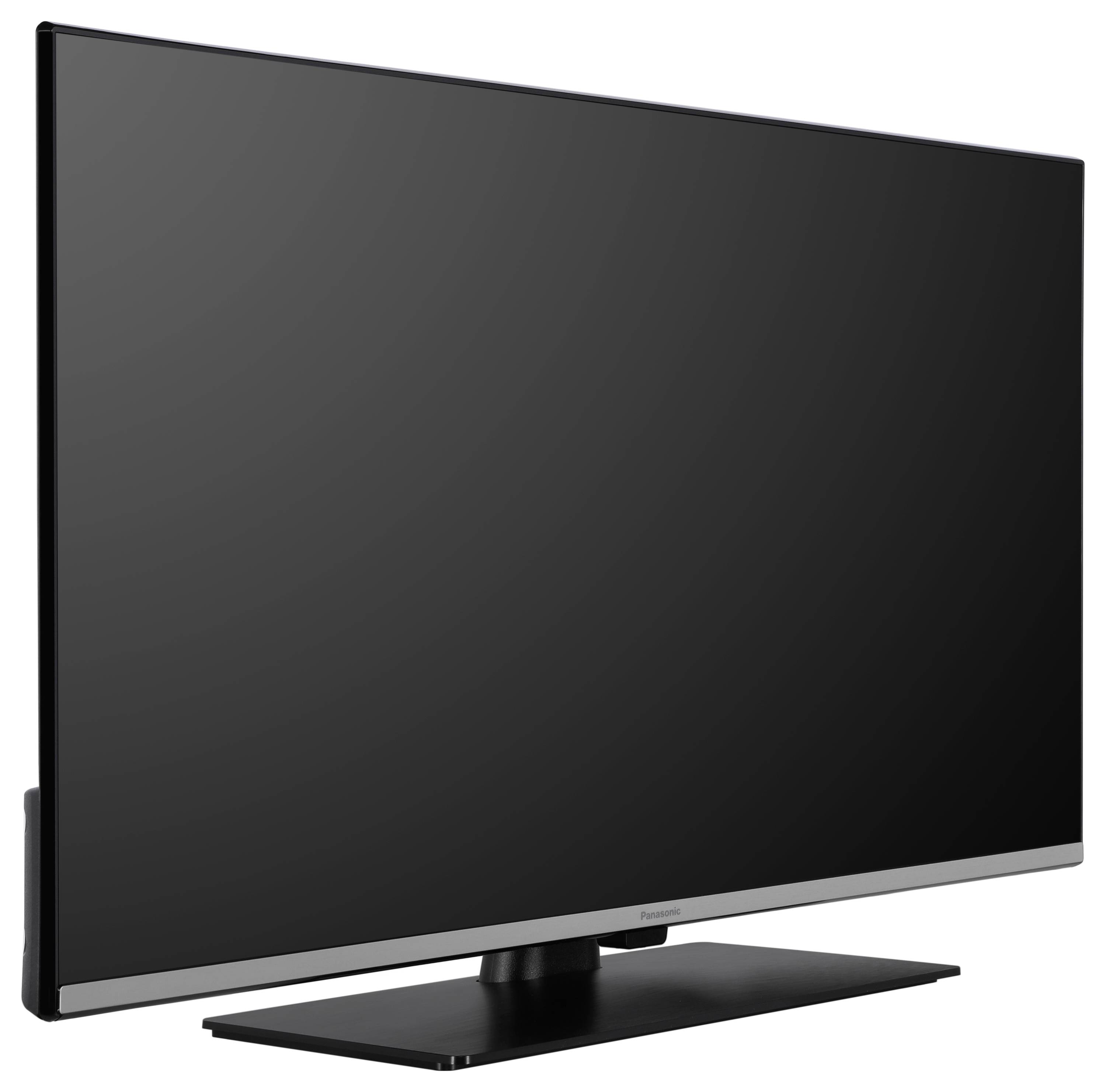A modern, black flat-screen television with a slim bezel mounted on a rectangular stand.